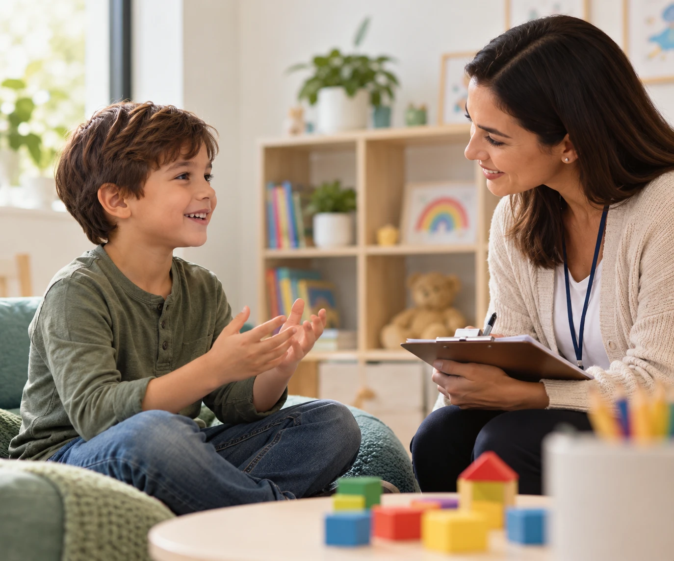 A child psychologist in a warm, supportive session with a young boy
